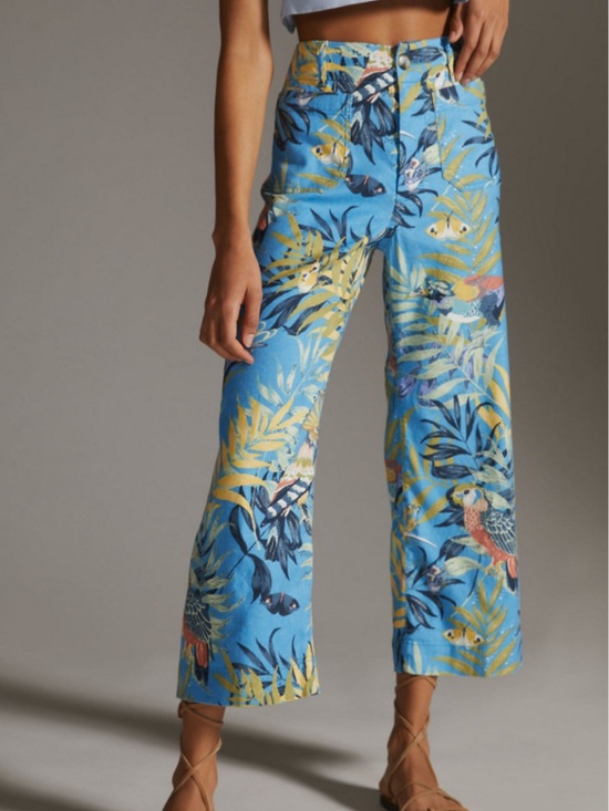 Maeve Pants - Colette Cropped Linen Wide-Leg Pants in Tropical Blue